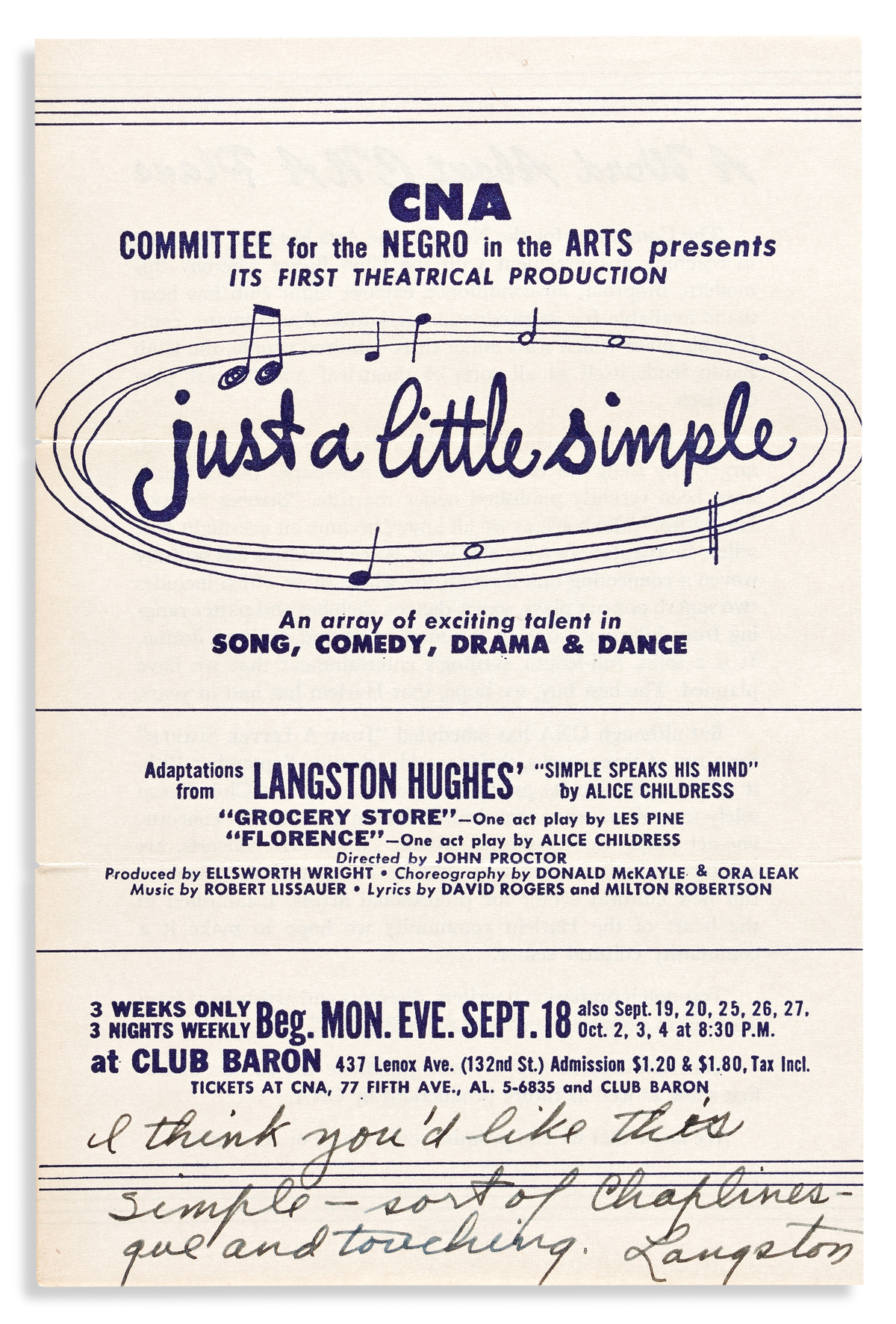 (LITERATURE.) Langston Hughes. His inscription on a program for a musical production of Just a Little Simple.